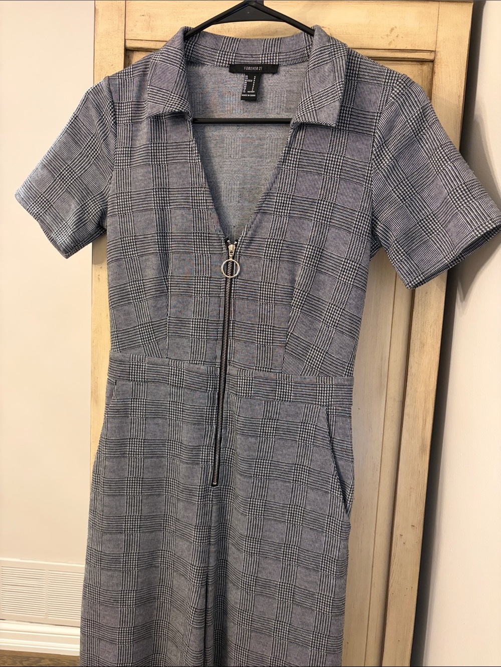 Forever 21 Gray Plaid Zip-Front Pantsuit